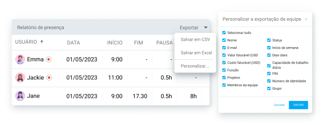 Escolha as categorias que deseja incluir na exportação da sua equipe