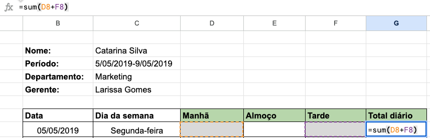 imagem de visualização da fórmula do horário de trabalho diário