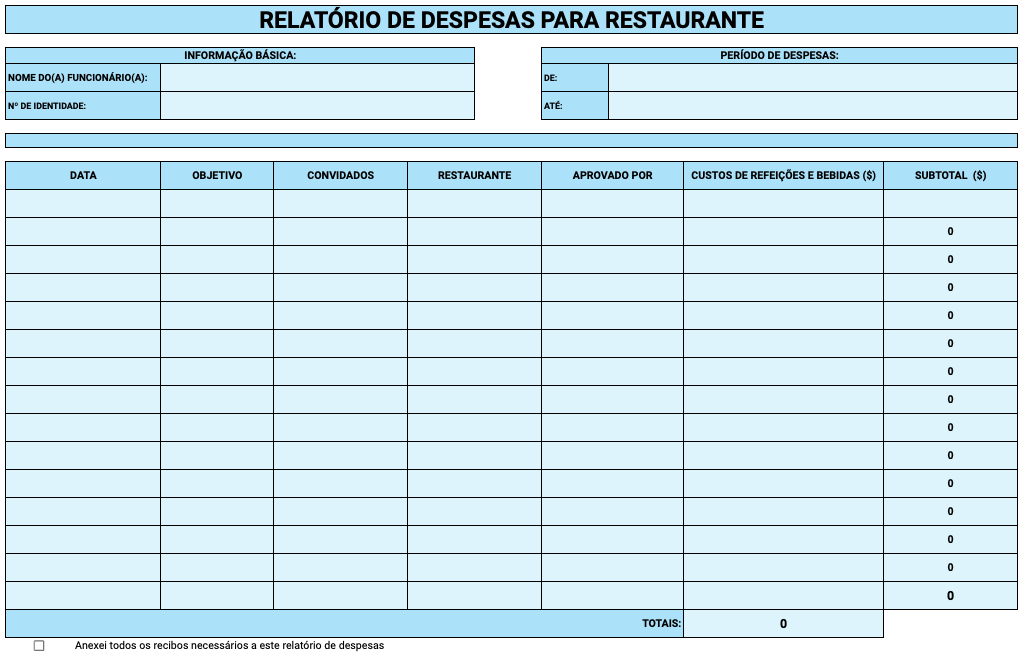Visualização do modelo de relatório de despesas para restaurante