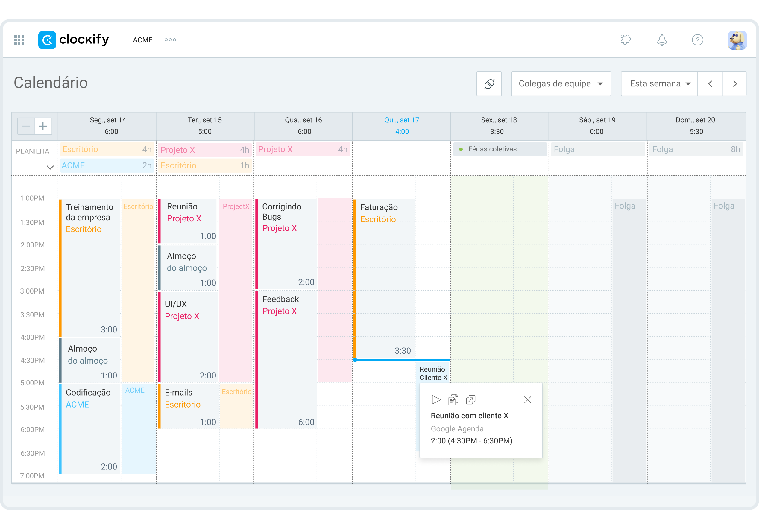 Calendário no Clockify