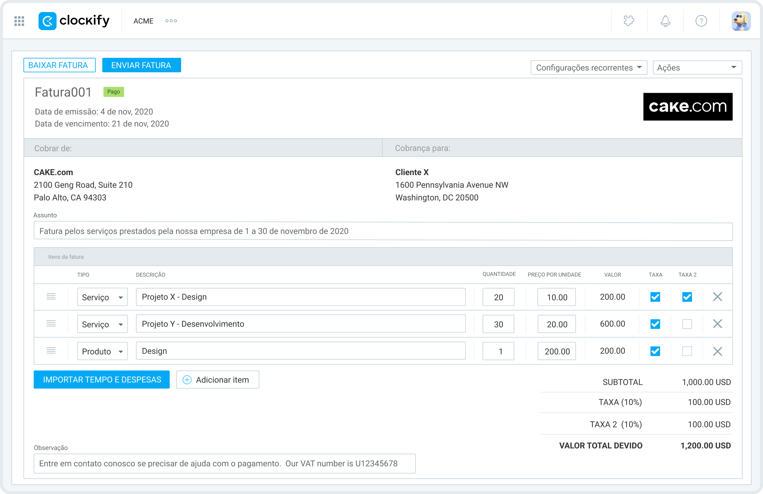 Fatura gerada no Clockify