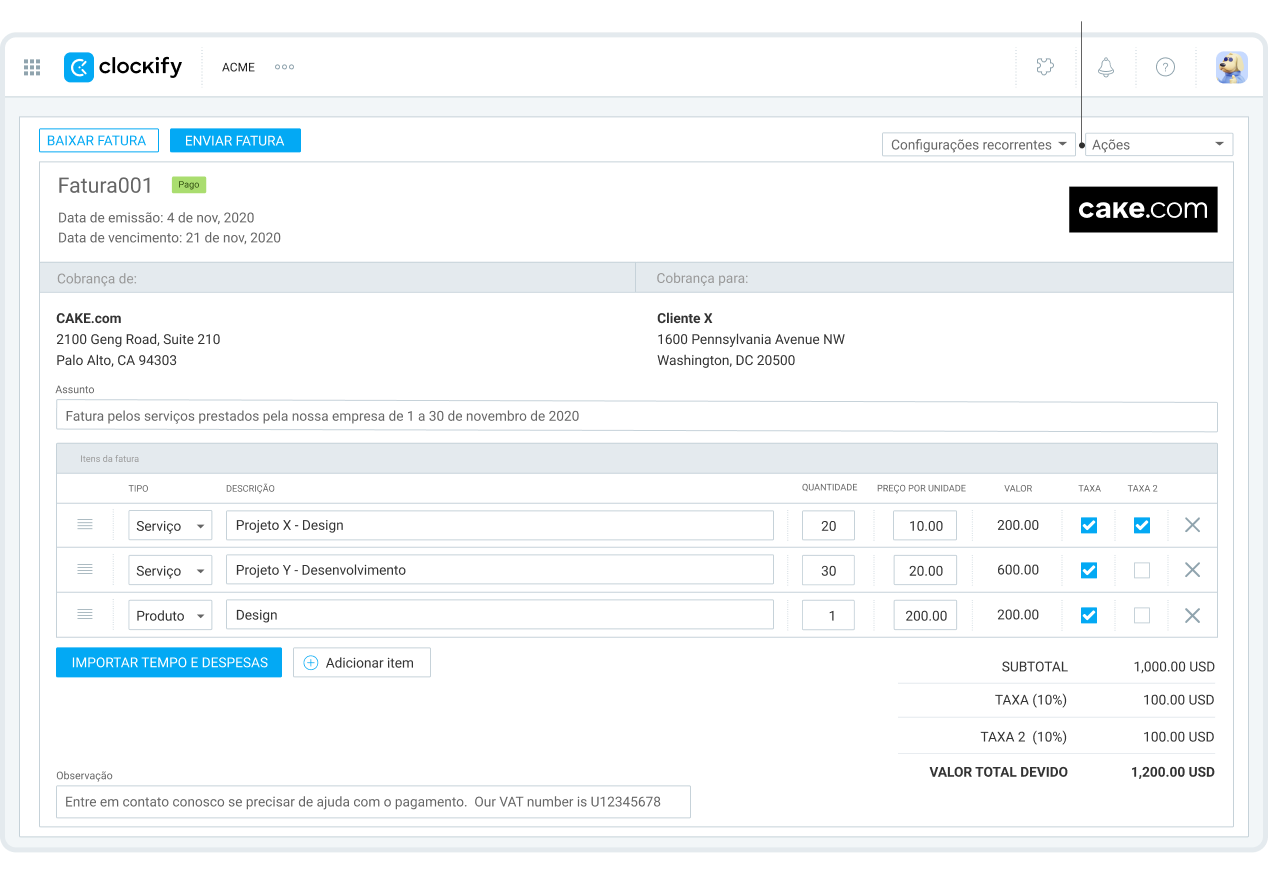 Recurso de faturamento do Clockify