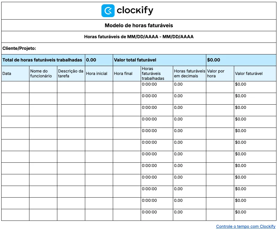 Modelo de horas faturáveis