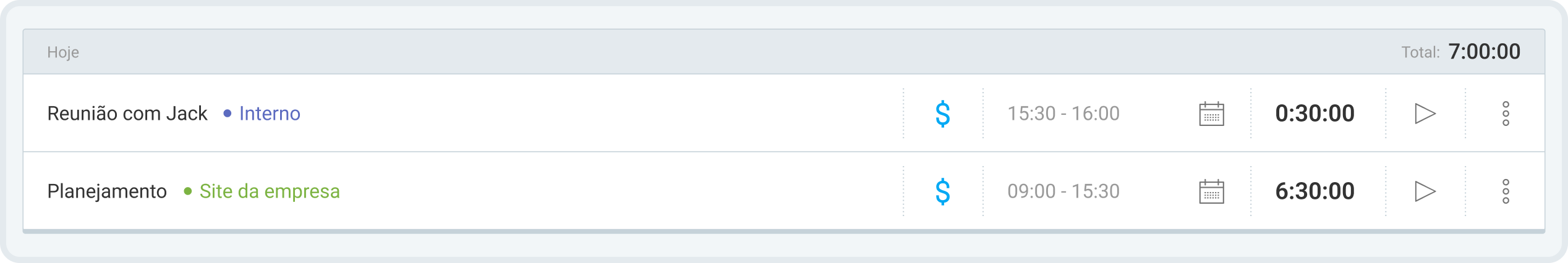 Tempo faturável (símbolo de dólar azul) e tempo não faturável (símbolo de dólar cinza) no Clockify.