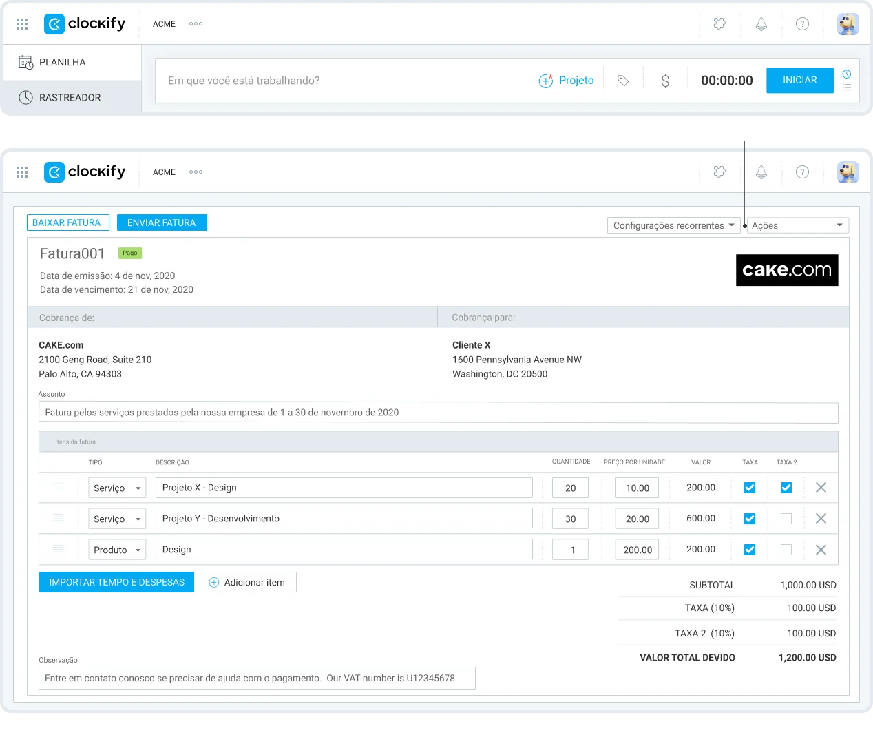 Funcionalidade de faturamento do Clockify