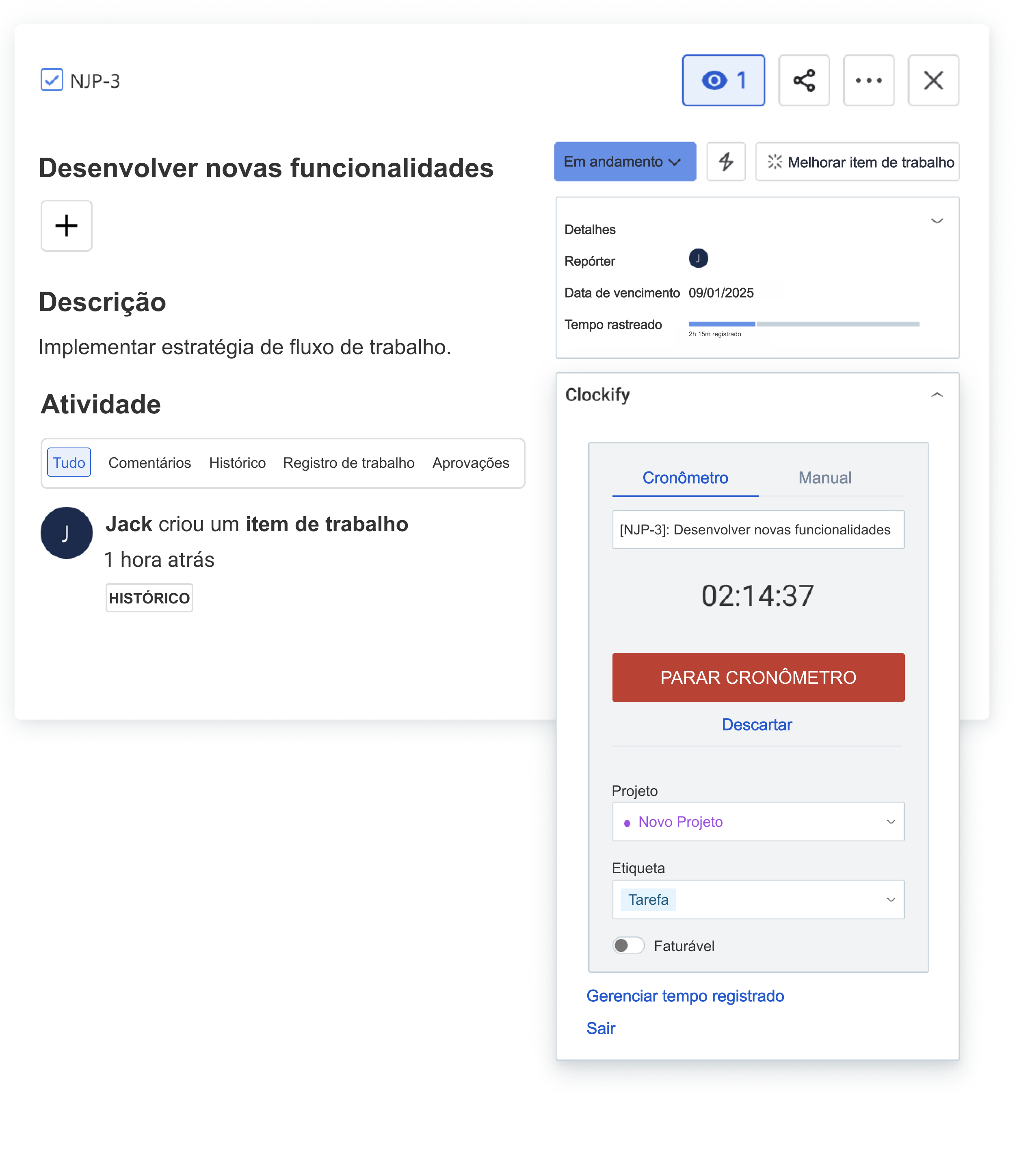 Integração de gerenciamento de tempo Jira