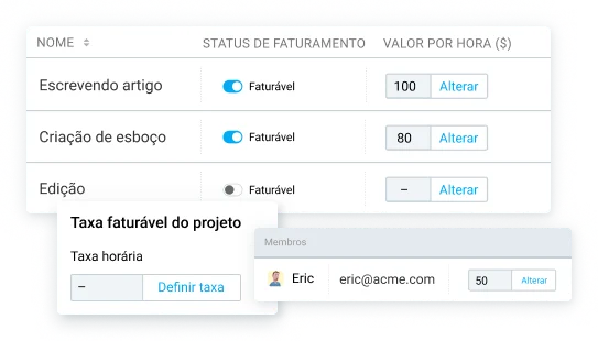 Defina as taxas horárias dos funcionários e do projeto para faturamento por tempo