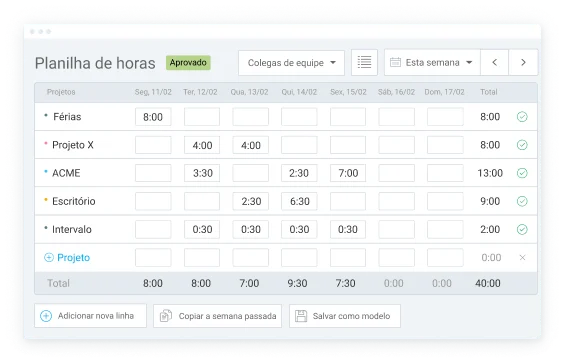 Rastreamento de tempo nas planilhas
