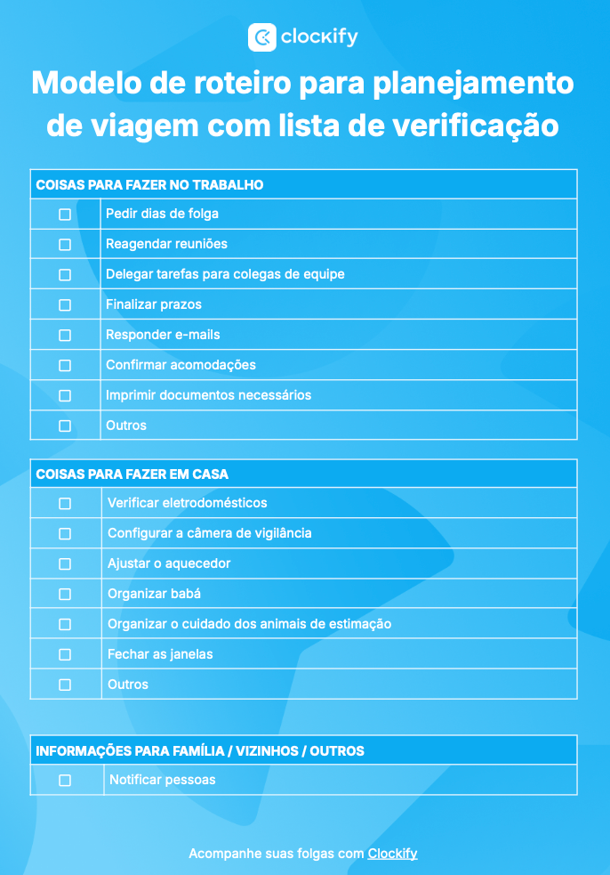 Captura de tela da lista de verificação do planejamento de viagens