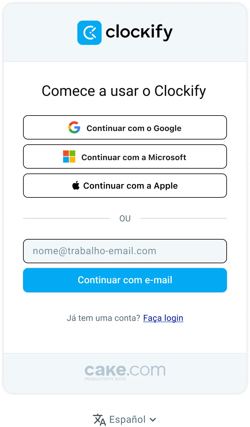 Inscreva-se no Clockify usando sua conta Google, Microsoft ou Apple