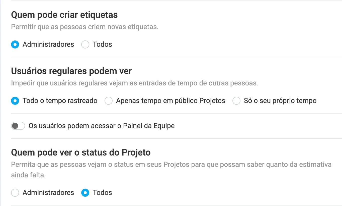 Permissões de visualização no Clockify
