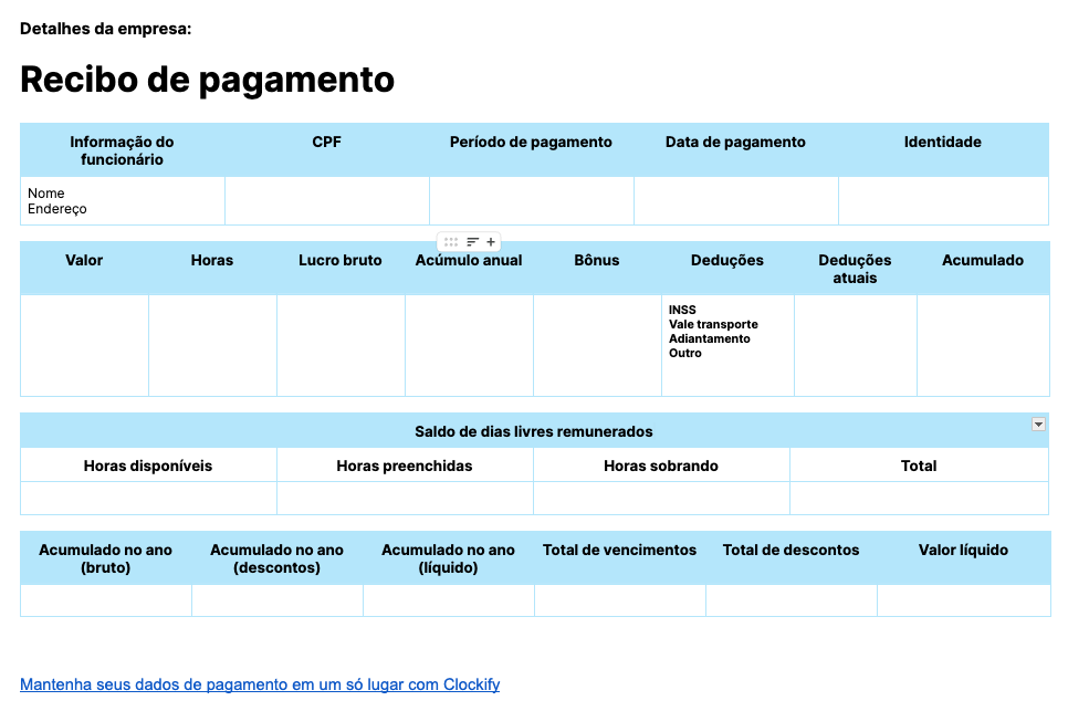 Modelo de recibo de contracheque com folgas