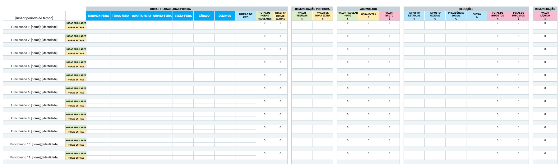 Modelo de folha de pagamento semanal com horas extras e PTO