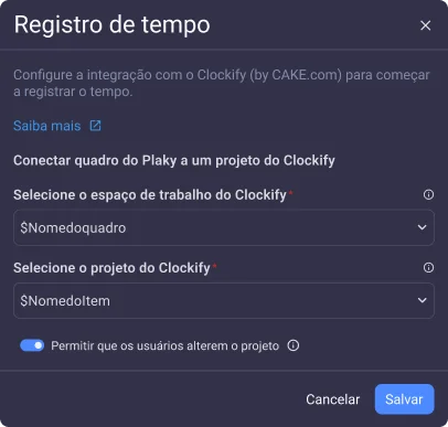 Conecte o Clockify à sua placa Plaky