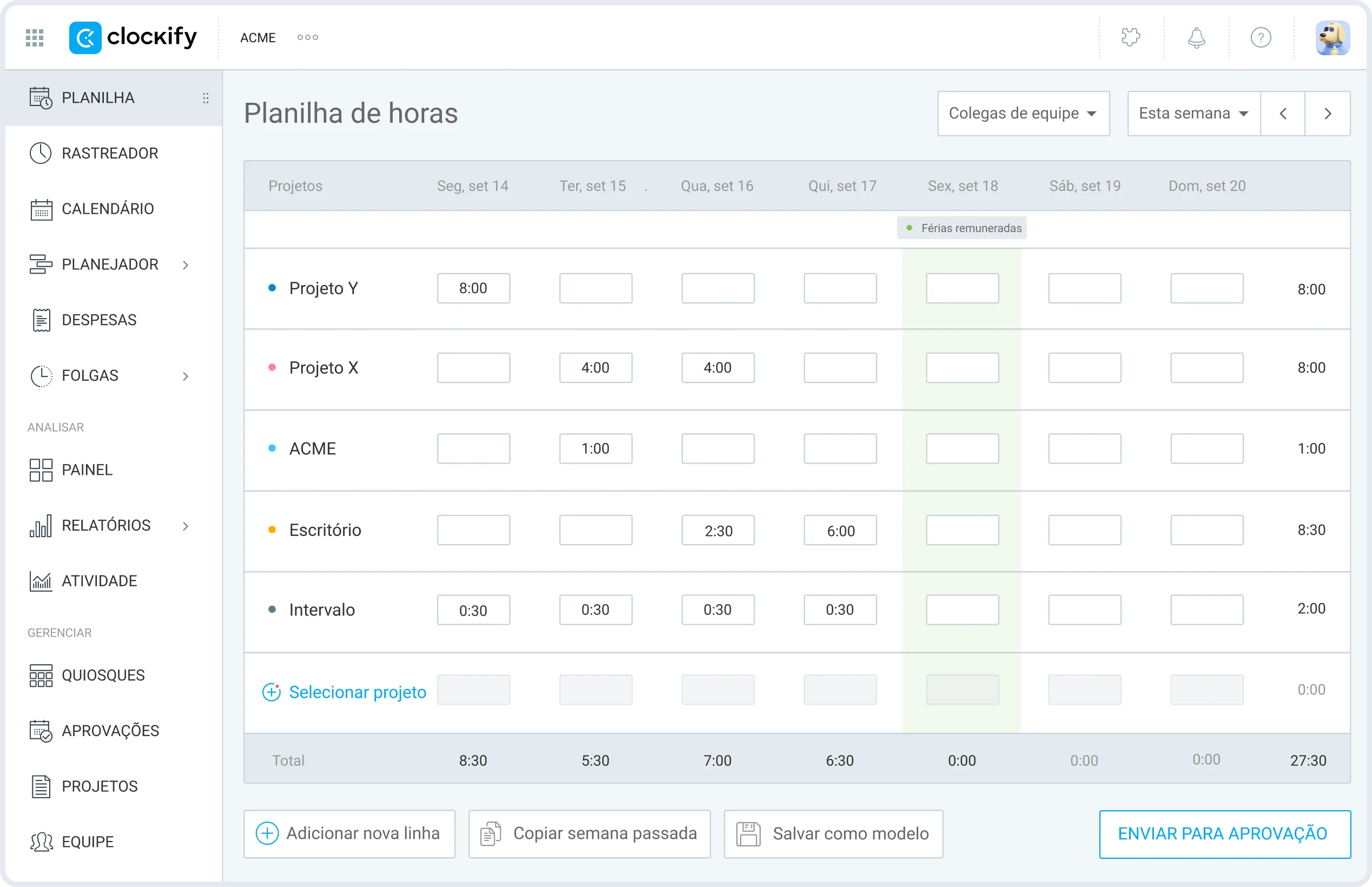 Aplicativo de planilha de horas Clockify