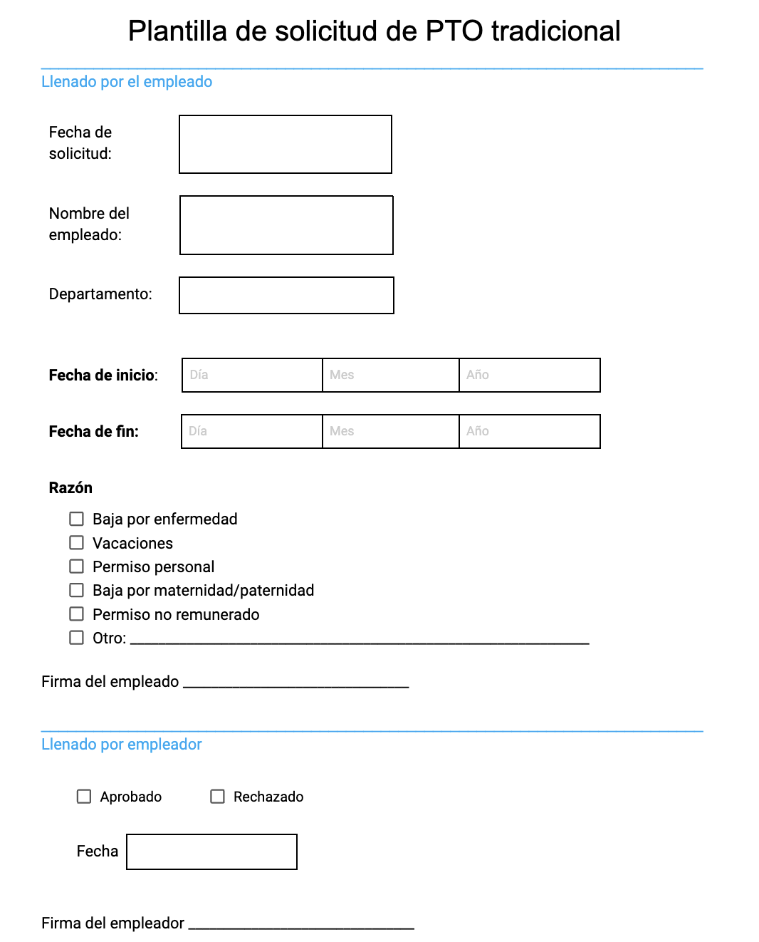 Plantilla de formulario de solicitud de PTO tradicional