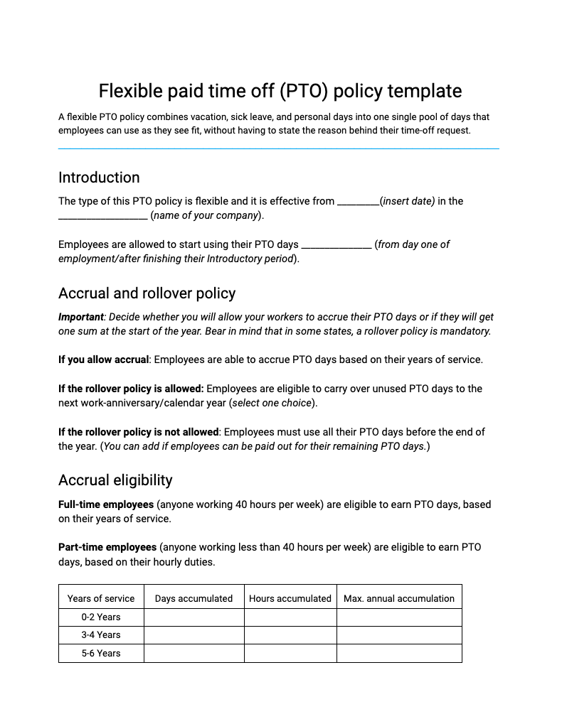 Flexible PTO policy template