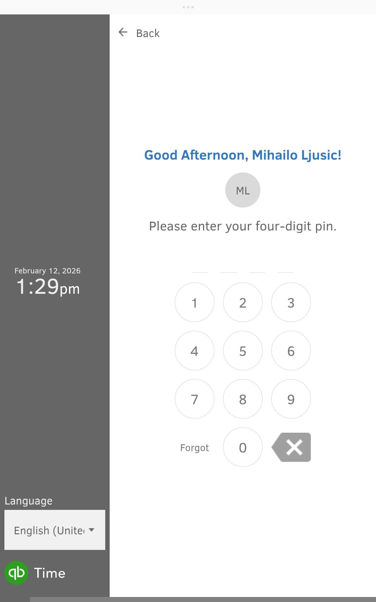 4-digit pin code in Time Kiosk app