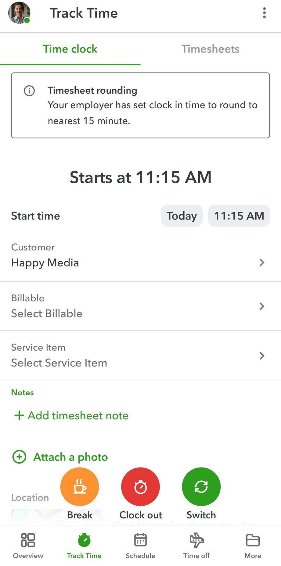 Clocking in as a worker in QuickBooks Workforce app