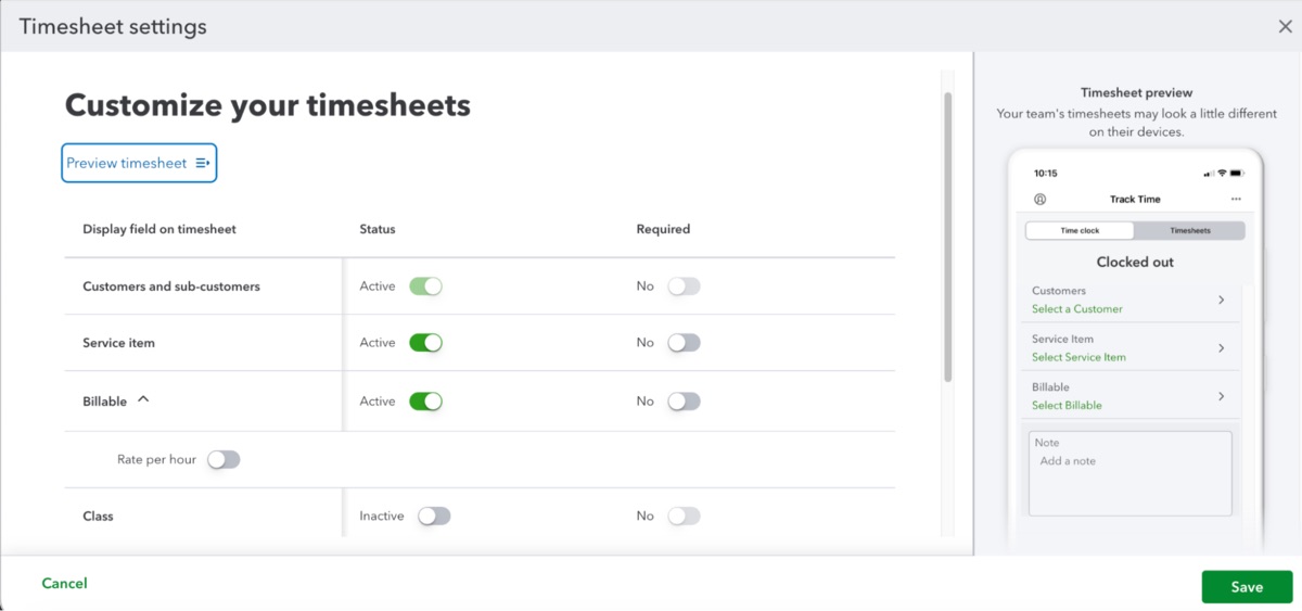 Customizing time entries in QuickBooks Online Settings