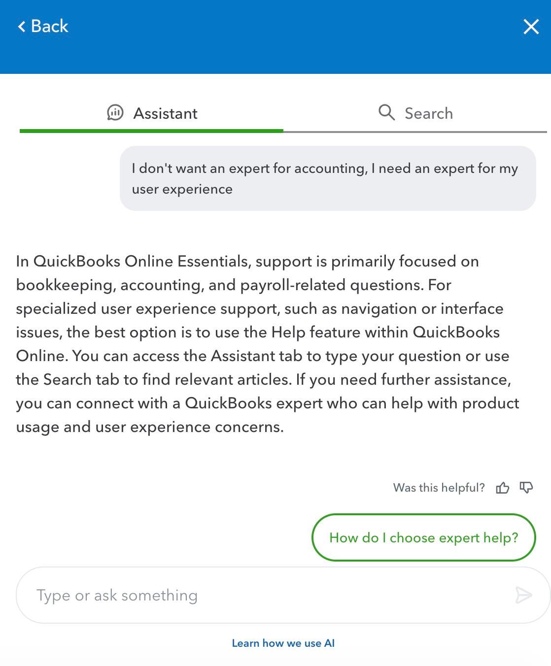 Intuit Intelligence&rsquo;s response when looking for human support