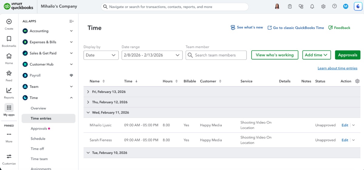 Time entries in QuickBooks Online