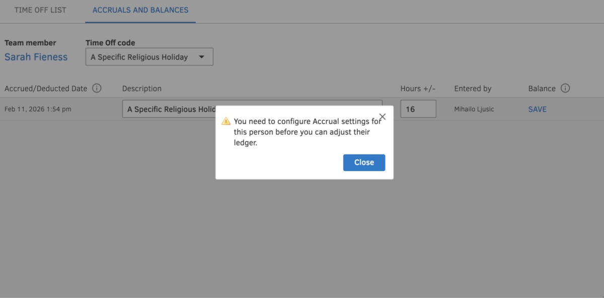 Time off error message in QuickBooks Time