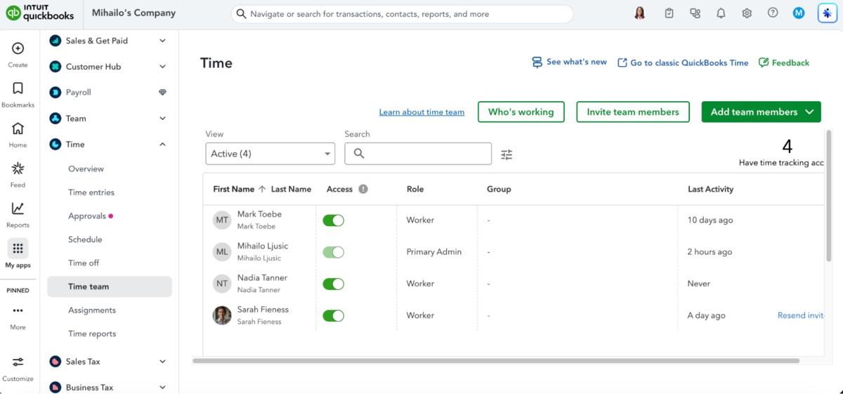 Time team management in QuickBooks Online