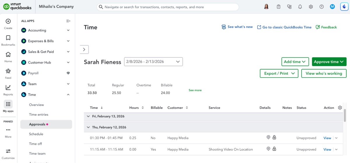 Trouble with viewing Approvals in QuickBooks Time