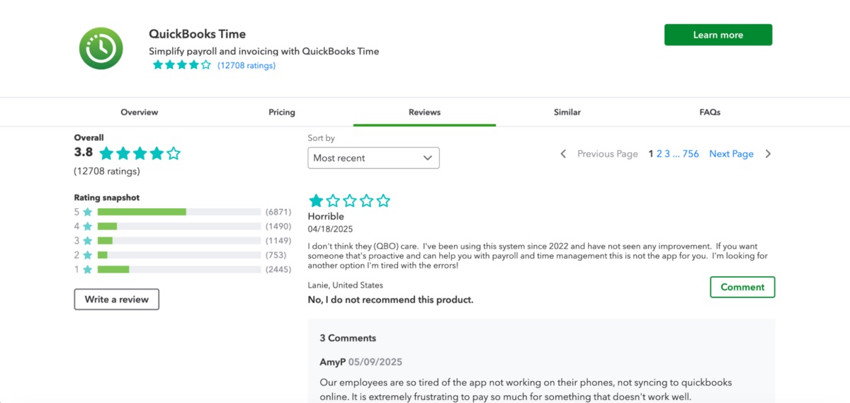 User review on QuickBooks Time website