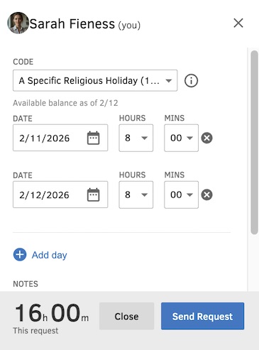 A worker requesting time off in QuickBooks Time