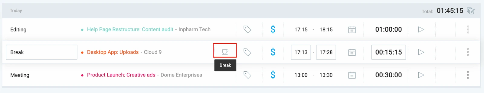 Break option in Clockify