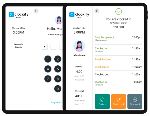 Clockify Kiosk lets employees clock in and out, and start breaks