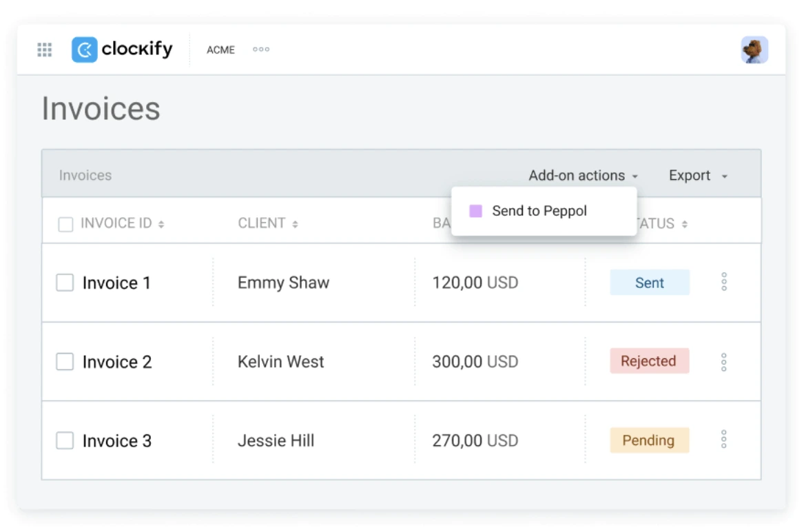 Send invoices from Clockify to Peppol