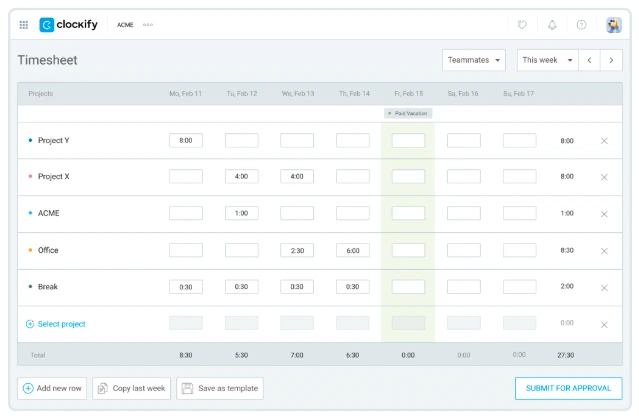 Timesheets in Clockify