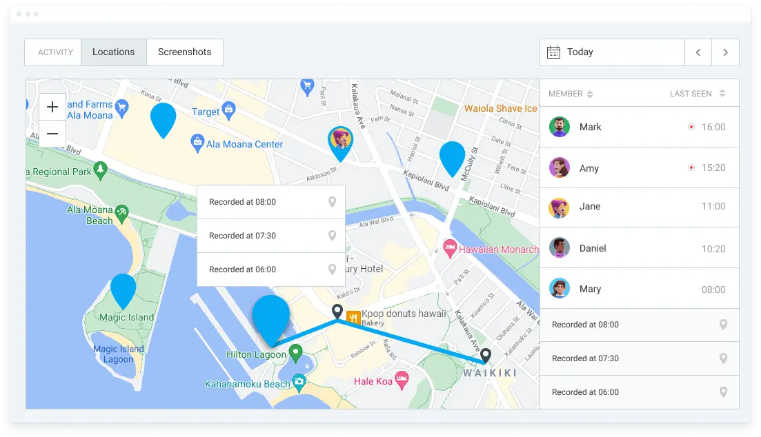 Clockify GPS tracker allows managers to see which employees have logged in at which locations