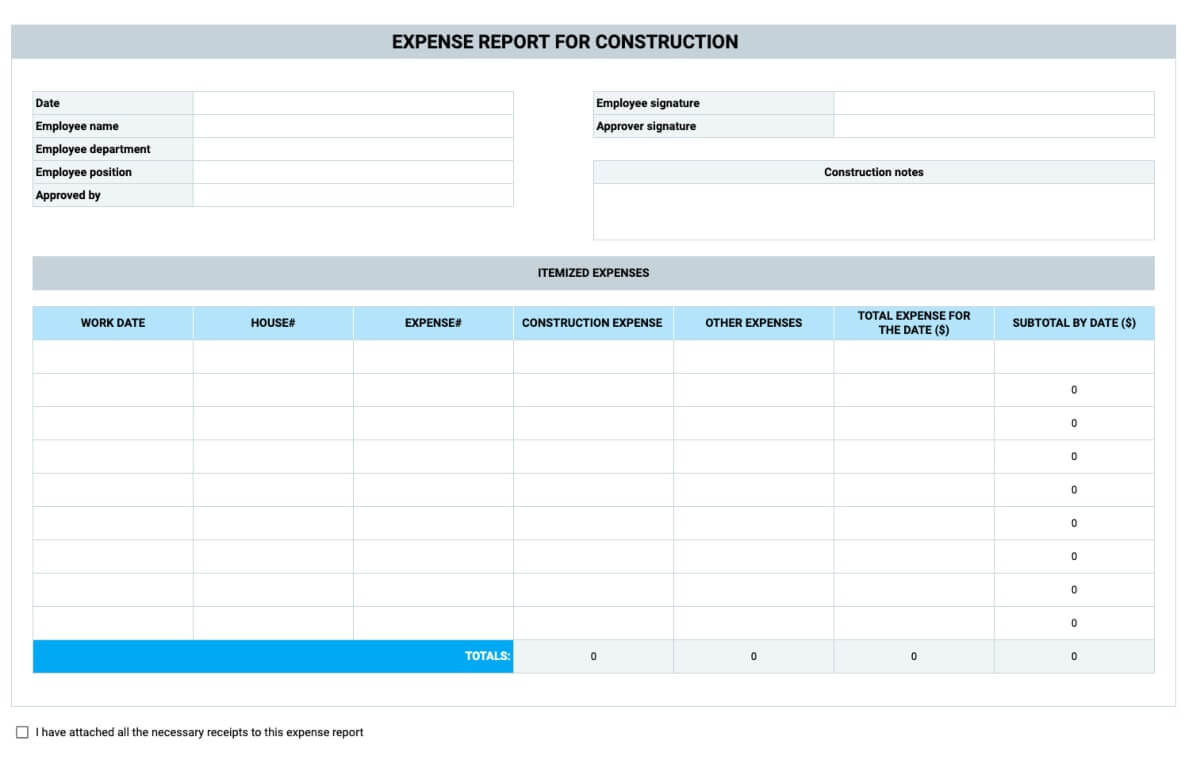 Preview of the Expense Report for Construction Template