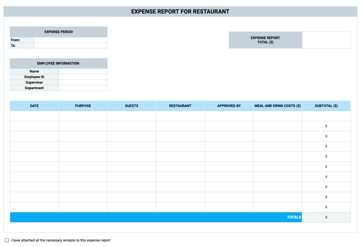 Preview of the Expense Report for Restaurant Template