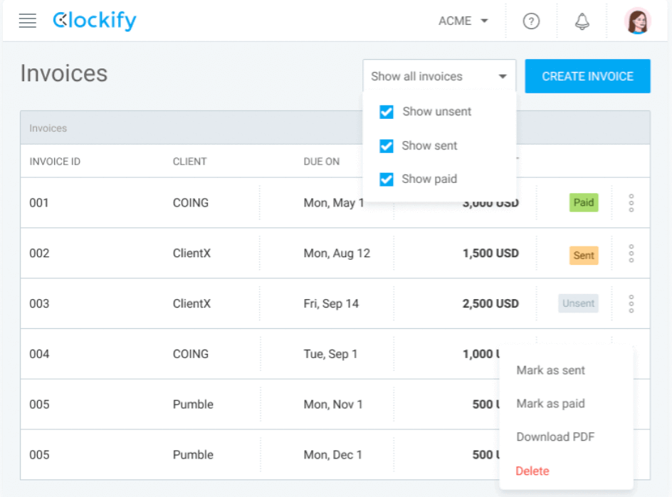 Invoicing in Clockify