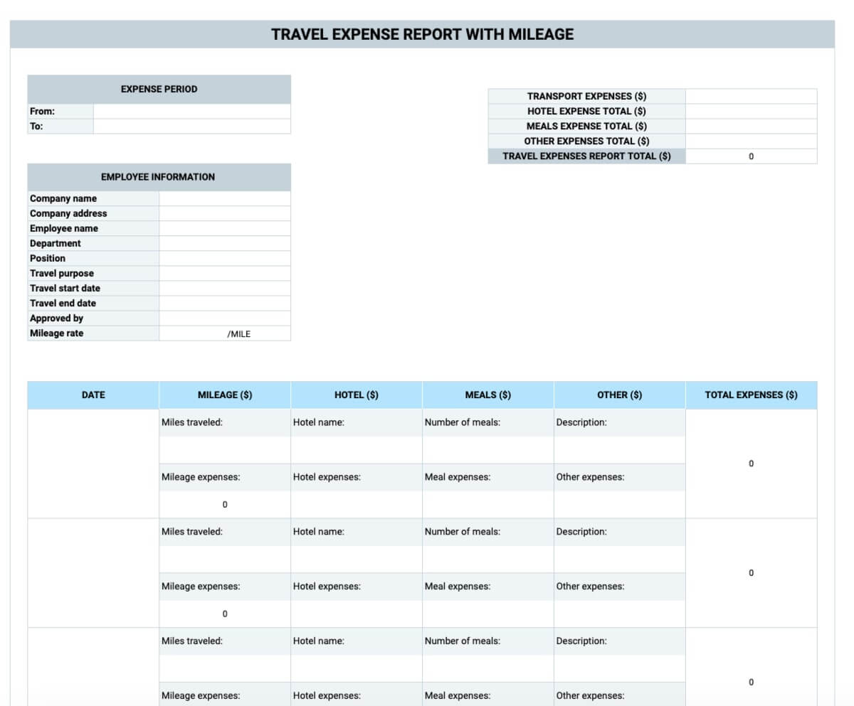 Preview of the Travel Expense with Mileage Report Template