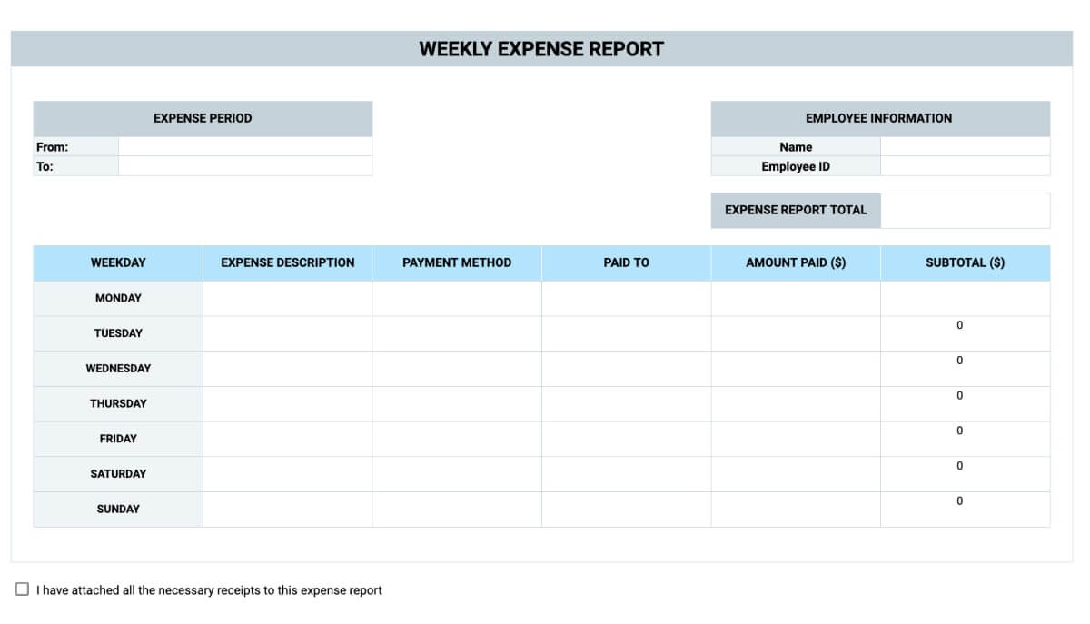 Preview of the Weekly Expense Report Template