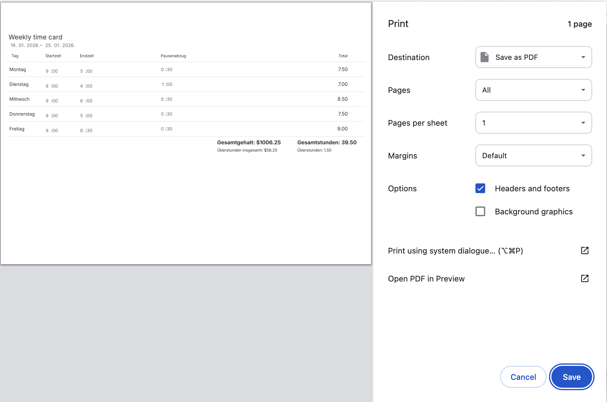 Saving a time card as a PDF