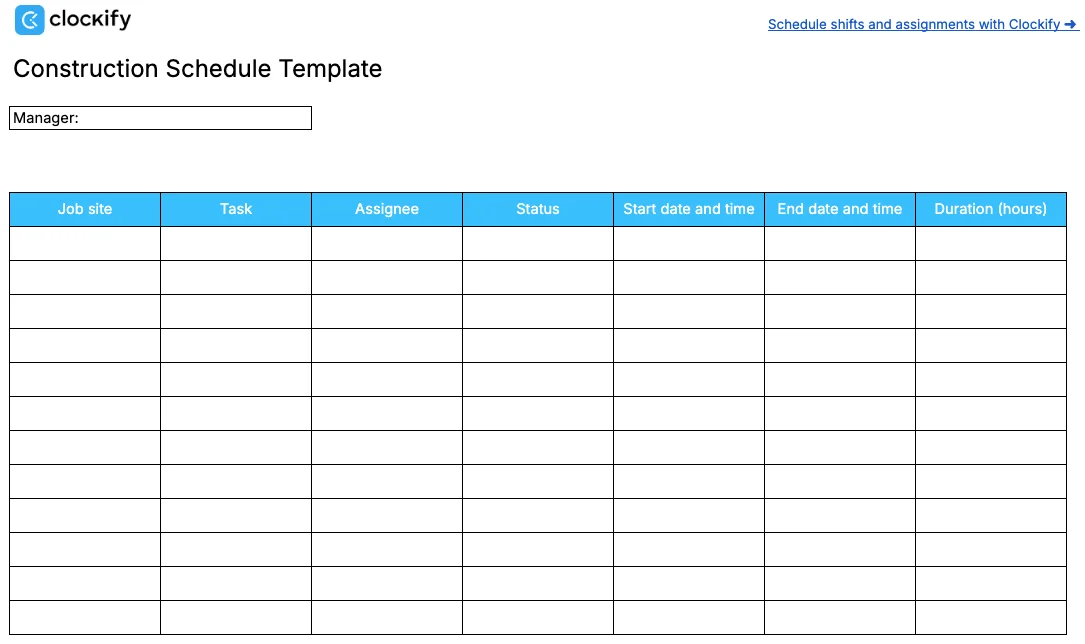 Construction schedule template