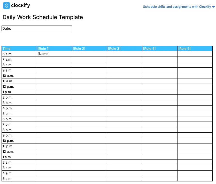 Daily work schedule template