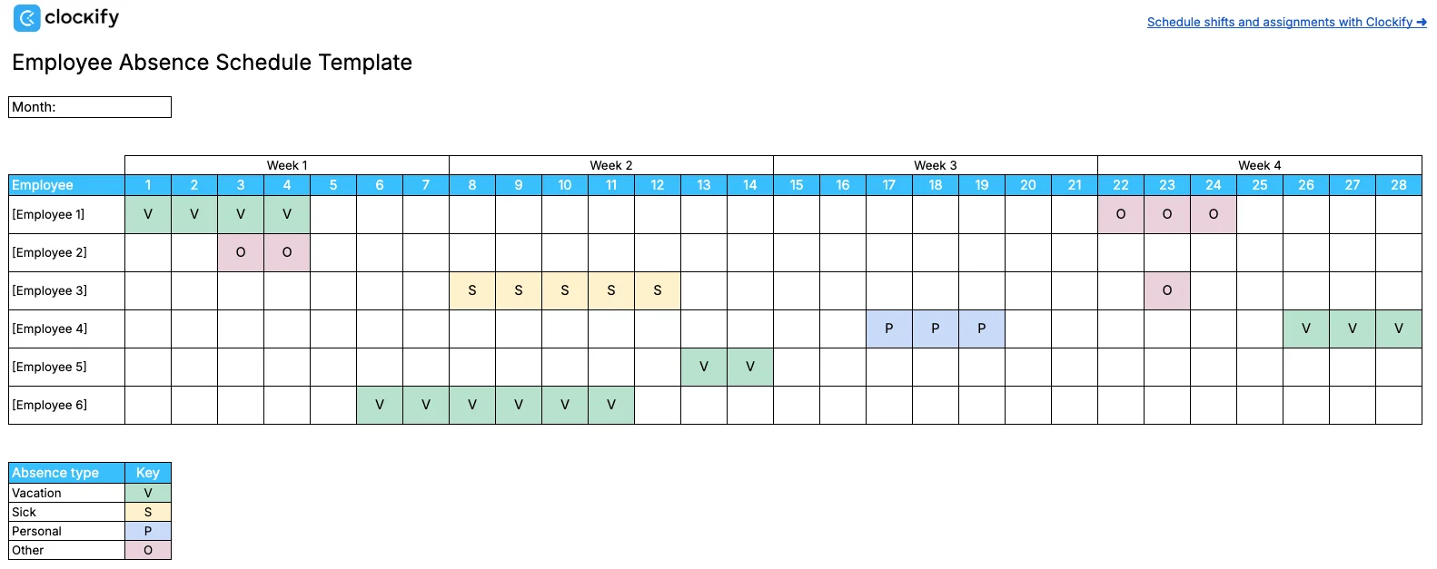 Employee absence schedule template