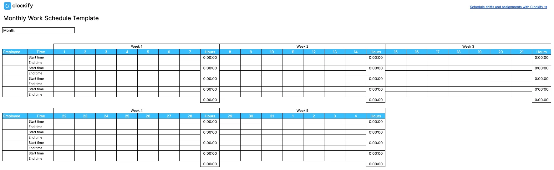Monthly work schedule template