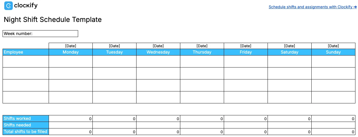 Night shift schedule template