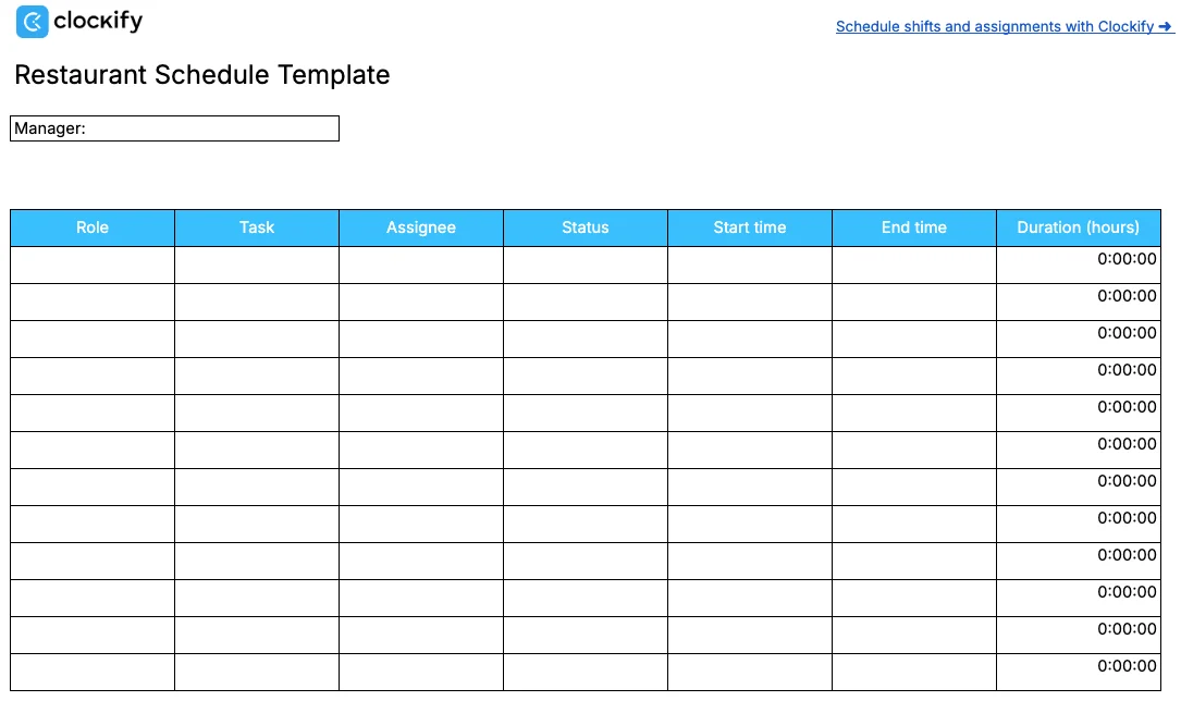 Restaurant schedule template