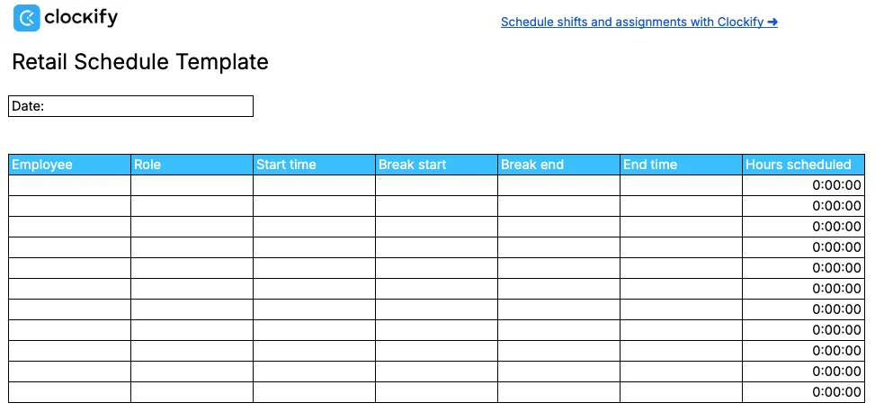 Retail schedule template