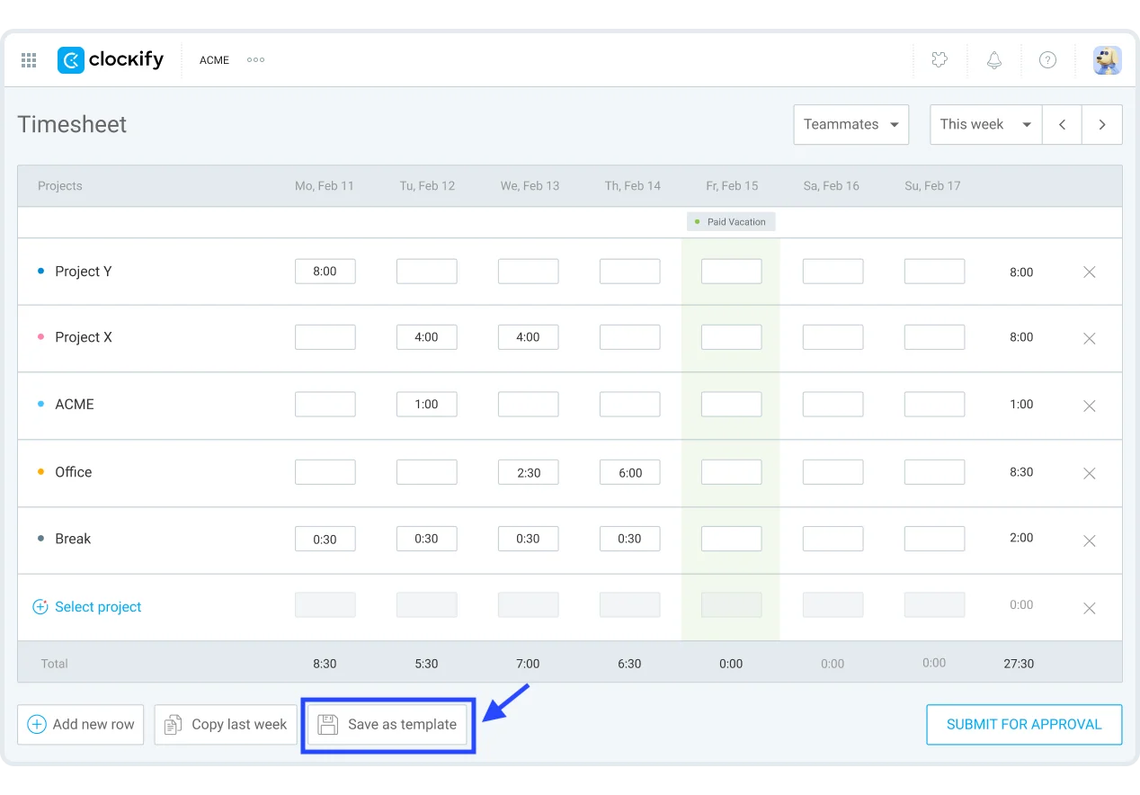 Saving a timesheet as a template in Clockify